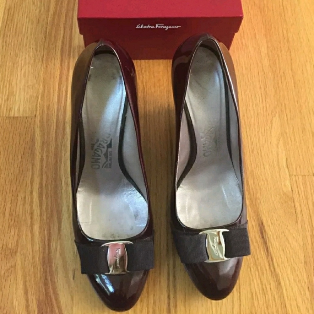 Salvatore Ferragamo burgundy patent wedges